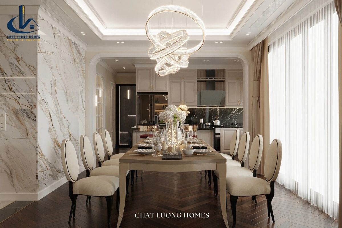 Mẫu thiết kế nội thất phòng bếp + bàn ăn đẹp, sang trọng