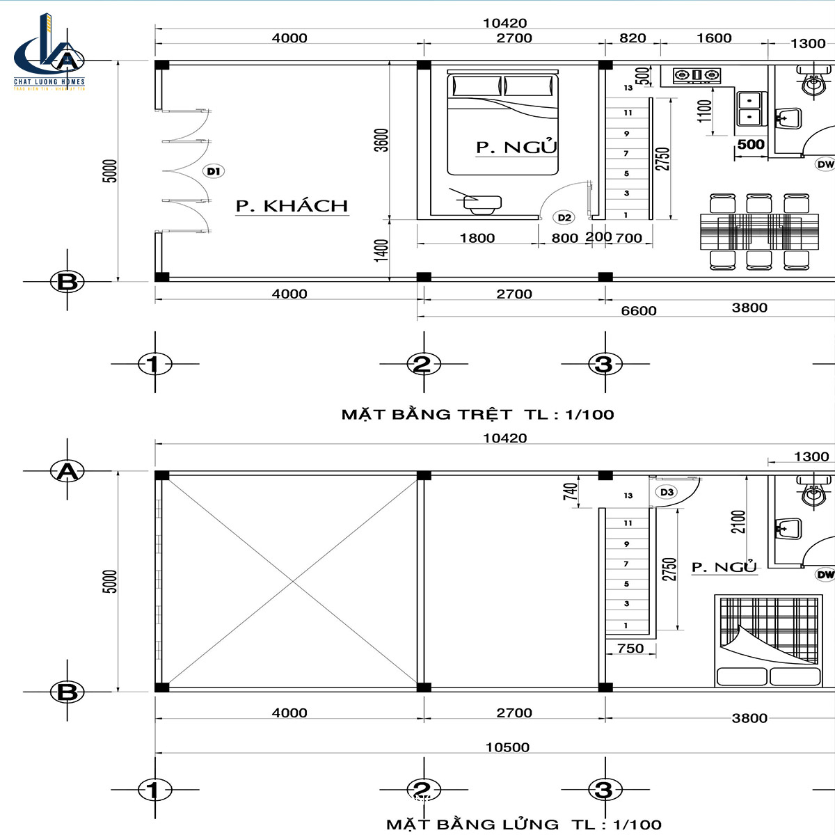 Bản vẽ nhà cấp 4 gác lửng 2 phòng ngủ
